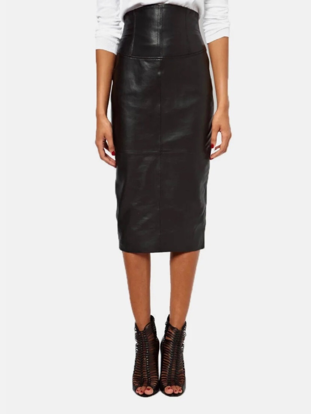Women's Genuine Lambskin Leather Skirt - Black Midi Length Size Large XL